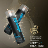 Bk Keraplex Plus Nano Tech Keratin Treatment 1000ml professional salon bottle as shown in 'Keraplex Plus Nano Tech Blue.jpg'. The modern blue and white packaging highlights the heat-activated thermal re-construction formula enriched with silk protein and argan oil to eliminate stubborn frizz and completely straighten hair, exclusively available at Harram Store. Barcode: 0100140834814