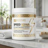 Bk Keraplex Speed Repair Collagen Treatment Hair Mask 500ml front product jar presentation as seen in 'Keraplex Speed Repair Collagen Mask.jpg'. The modern white tub with signature branding highlights the high-performance rapid repair formula infused with hydrolyzed protein, collagen, and argan oil for dry, coarse, and unruly hair, exclusively available at Harram Store. Barcode: 5060907728174