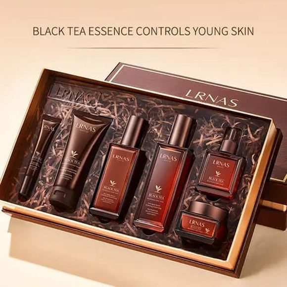 Lrnas Black Tea Anti-Aging Repair and Moisturizing Facial Set - Revitalization Clarifying Cleanser 100g, Soften Toner 125ml, Soften Lotion 110ml, Soften Serum 50ml, Soften Cream 60g, and Soften Eye Cream 20g. Barcode: 6974772946146. Available at Harram Store for the best skincare results in Pakistan