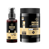 Hephaes Ultimate Brazilian Keratin Repair Duo bundle featuring the 1000ml Hair Repair Mask and the Hair Care Essence Serum, presented together. This professional hair care set is designed to repair damaged hair, eliminate frizz, and provide intense hydration and shine.