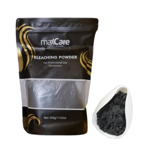 MaxCare Charcoal Dust-Free Rapid Hair Bleaching Powder 500g with barcode 8051414581823, formulated in Italy, ideal for professional use in bleaching, highlighting, and streaking techniques. It offers rapid, safe, and maximum lifting power with a perfumed, mess-free application