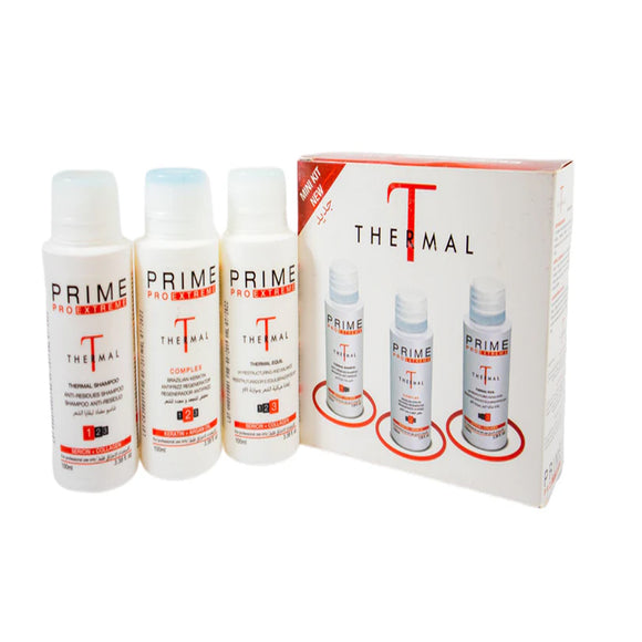 Prime Pro Extreme Thermal Complex Keratin Kit 100ml, barcode 7898432988323. Includes clarifying shampoo, thermal keratin treatment, and nourishing conditioner. Designed to smooth, repair, and hydrate hair, leaving it sleek and frizz-free. Ideal for damaged or chemically treated hair. Available at Harram Store