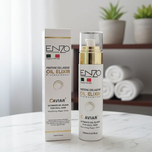 ENZO PROFESSIONAL Proteine Collagene Oil Elixir with Gold Caviar Extract. A white and gold bottle of hair serum next to its matching retail box, featuring text that reads: 