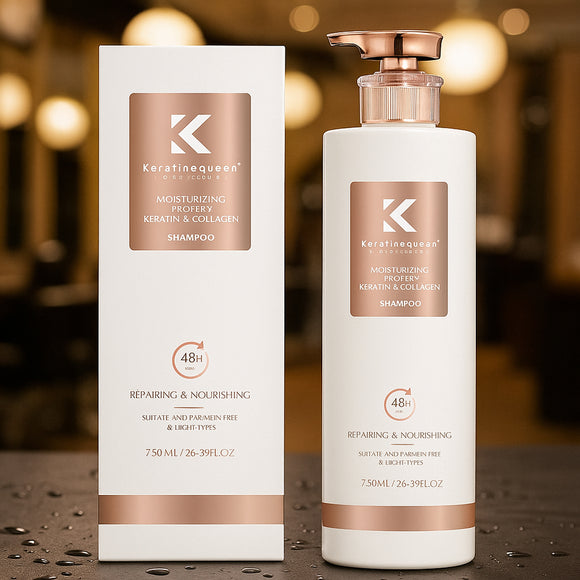 Keratine Queen Moisturizing Protein Shampoo 750ml - keratin & collagen sulfate-free hydrating shampoo in white bottle with blue accents for dry, damaged hair. Barcode: 5061058056543