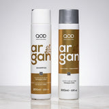 QOD Professional Argan Shampoo and Conditioner 300ml set as shown in 'QOD Shampoo and Conditioner Set.jpg'. The professional bronze and black packaging highlights the Argan Oil infused formula designed for intense moisture and shine, available at Harram Store.
Barcode: Shampoo 7898944832060, Conditioner 7898944832077