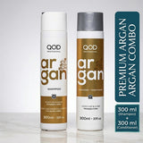QOD Professional Argan Shampoo and Conditioner 300ml set as shown in 'QOD Shampoo and Conditioner Set.jpg'. The professional bronze and black packaging highlights the Argan Oil infused formula designed for intense moisture and shine, available at Harram Store.
Barcode: Shampoo 7898944832060, Conditioner 7898944832077