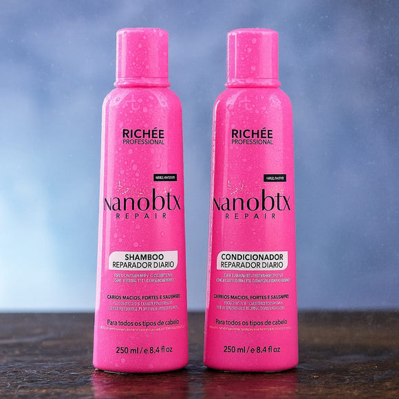 Richee Professional Nanobtx Shampoo and Conditioner Bundle 250ml - daily repair hair care set in white and gold bottles for damaged hair. Barcode: 7898594740630, 7898594740654