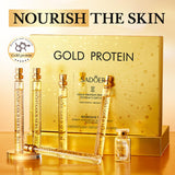 SADOER Gold Protein Peptide Extract Gift Set facial lifting kit presentation box as seen in 'Sadeor Gold Peptide set.jpg'. The premium gold and clear packaging showcases five 1.5ml active gold serum ampoules and a bottle containing 25 pieces of soluble hydrolyzed collagen threads for a needleless home facelift, available at Harram Store. Barcode: 6942349774287