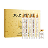 SADOER Gold Protein Peptide Extract Gift Set facial lifting kit presentation box as seen in 'Sadeor Gold Peptide set.jpg'. The premium gold and clear packaging showcases five 1.5ml active gold serum ampoules and a bottle containing 25 pieces of soluble hydrolyzed collagen threads for a needleless home facelift, available at Harram Store. Barcode: 6942349774287