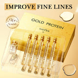 SADOER Gold Protein Peptide Extract Gift Set facial lifting kit presentation box as seen in 'Sadeor Gold Peptide set.jpg'. The premium gold and clear packaging showcases five 1.5ml active gold serum ampoules and a bottle containing 25 pieces of soluble hydrolyzed collagen threads for a needleless home facelift, available at Harram Store. Barcode: 6942349774287
