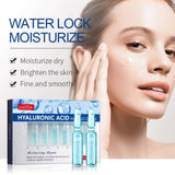 SADOER Hyaluronic Acid Ampoule Serum 7-piece moisturizing set package presentation as seen in 'image_3628a5.jpg'. The modern blue packaging displays individual 2ml high-concentration active Hyaluronic Acid glass ampoules engineered to lock in moisture, revitalize skin, and repair the barrier, exclusively available at Harram Store Barcode: 6926923600902