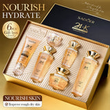 Sadoer 24K Golden Collagen 6 Piece Skincare Set in luxury gold and dark navy box. Displays 24K Golden Collagen Crease Resistant benefits containing facial cleanser 100g, toner 150ml, lotion 120ml, serum 40ml, face cream 60g, and eye cream 15g with official barcode 6942581700853. Available online in Pakistan at Harram Store.