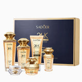 Sadoer 24K Golden Collagen 6 Piece Skincare Set in luxury gold and dark navy box. Displays 24K Golden Collagen Crease Resistant benefits containing facial cleanser 100g, toner 150ml, lotion 120ml, serum 40ml, face cream 60g, and eye cream 15g with official barcode 6942581700853. Available online in Pakistan at Harram Store.