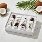 Sadoer Nourishing Coconut Oil Six Piece Set skincare bundle, open white gift box packaging showing all six products: Face Toner, Cleanser, Serum, Face Cream, Eye Cream, and Face Lotion. Focus on deep hydration and smooth, fluffy skin. Barcode: 6942349745072