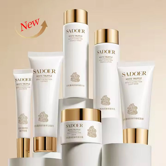 Sadoer White Truffle Beauty Extraction 6-Piece Set - Includes Cleanser 80g, Essence Toner 120ml, Sleep Mask 50g, Beauty Cream 50g, Eye Cream 20g, Essence Lotion 120ml. Luxurious white truffle-infused skincare for hydration, anti-aging, and brightening. Available at Harram Store.