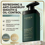 SADOER Peptide Keratin Oil Control Shampoo in a professional 850ml white pump bottle. This high-performance formula is designed for flat, oily hair to provide a fluffy, silky, and refreshing finish. Infused with strengthening Peptide and Keratin proteins for a salon-quality hair transformation. Barcode: 6942349711831. 100% authentic hair care available at Harram Store.