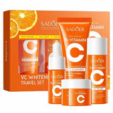 SADOER VC Whitening Brightening 4-Piece Skincare Travel Set unboxed as shown in 'Sadoer Vitamin C Travel Kit open.jpg'. The vibrant orange travel tubes and bottles include the 5X Vitamin face cleanser, essence toner, glow face serum, and brightening face cream for an even complexion, available at Harram Store. Barcode: 6942349749445