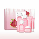Sadoer Watermelon Nicotinamide Essence Six Piece Set skincare box, featuring pink packaging with watermelon slices. Highlights: Brighten Skin, Hydrating & Soothing, Whitening Lightening of Pigmentation. Barcode: 6942349743405