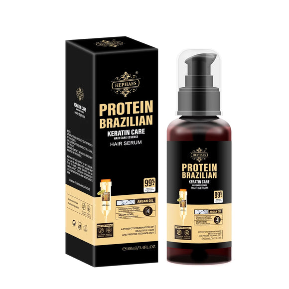 Hephaes Protein Brazilian Keratin Care Hair Serum bottle with dropper, a leave-in treatment infused with 99% pure protein and keratin to repair damage, control frizz, and add shine for all hair types