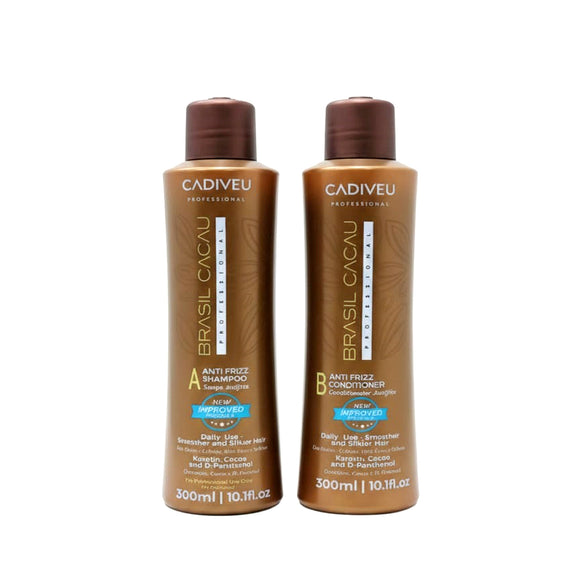 Cadiveu Professional Brasil Cacau Anti Frizz Shampoo (A) and Anti Frizz Conditioner (B). Both 300ml bottles are labeled 