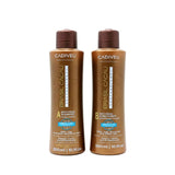 Cadiveu Professional Brasil Cacau Anti Frizz Shampoo (A) and Anti Frizz Conditioner (B). Both 300ml bottles are labeled "NEW IMPROVED" and feature Keratin, Cocoa, and D-Panthenol for daily use, smoother and silkier hair.