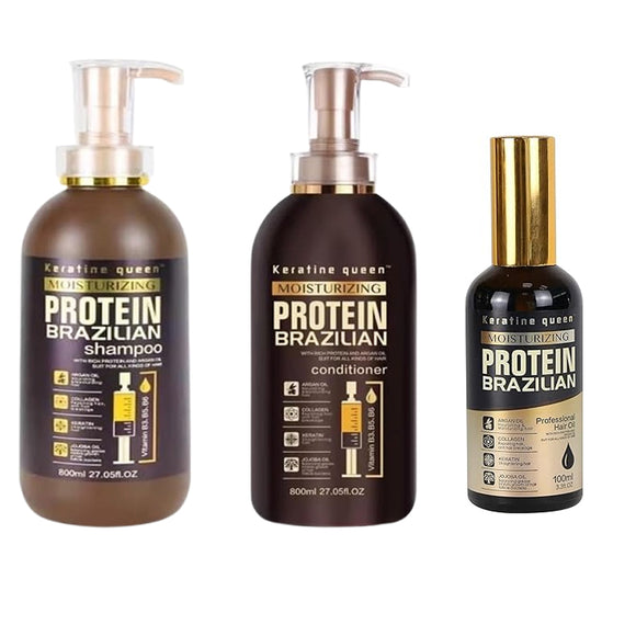 Keratine Queen Brazilian Hair Care Trio Set (Barcode: 5060518886652) - Shampoo, conditioner and oil bundle for complete hair repair and nourishment