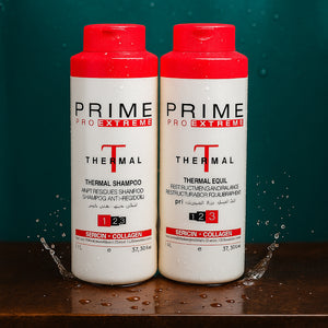 Prime Pro Extreme Thermal Shampoo 1.1L – Deep-cleansing shampoo for keratin prep, removes buildup, and restores hair health. Barcode: 7898432988248, Prime Pro Extreme Thermal Equil 1.1L – pH-balancing treatment for smoother, frizz-free hair. Prepares hair for keratin treatments. Barcode: 7898432988255