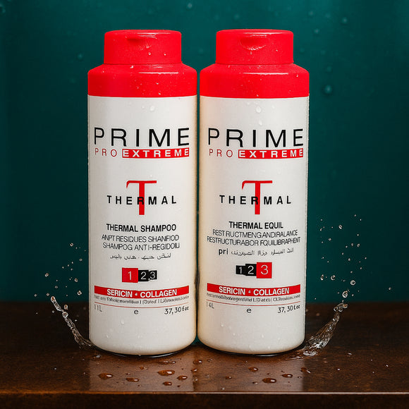Prime Pro Extreme Thermal Shampoo 1.1L – Deep-cleansing shampoo for keratin prep, removes buildup, and restores hair health. Barcode: 7898432988248, Prime Pro Extreme Thermal Equil 1.1L – pH-balancing treatment for smoother, frizz-free hair. Prepares hair for keratin treatments. Barcode: 7898432988255