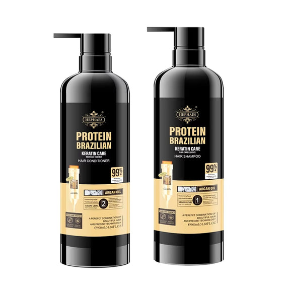 Hephaes Brazilian Keratin Repair Duo: A bundled pack containing both the 900ml Shampoo and 900ml Conditioner for damaged hair, featuring Keratin, Collagen, and Argan Oil to eliminate frizz and boost shine