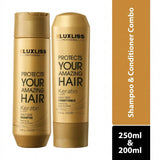 Luxliss Professional Keratin System Daily Care Shampoo (250ml) and Conditioner (200ml) set as shown in 'Shampoo and conditioner.jpg'. The professional silver and black packaging highlights the Argan Oil infused, moisturizing formula designed to protect and maintain amazing hair, available at Harram Store. Barcode: 811131035560, 811131035577