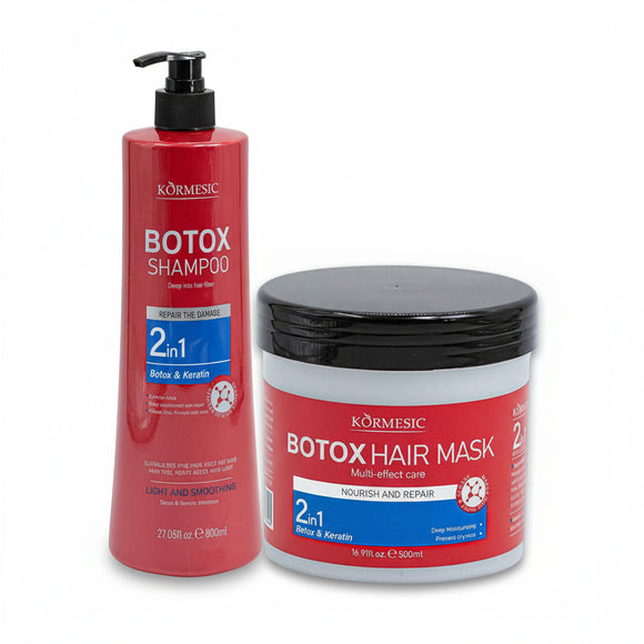 Kormesic Botox & Keratin Complete Care Bundle, featuring an 800ml red pump bottle of 2-in-1 Botox Shampoo and a 500ml white jar of 2-in-1 Botox Hair Mask. The set is for deep care, smoothing, and frizz reduction