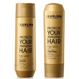Luxliss Professional Keratin System Daily Care Shampoo (250ml) and Conditioner (200ml) set as shown in 'Shampoo and conditioner.jpg'. The professional silver and black packaging highlights the Argan Oil infused, moisturizing formula designed to protect and maintain amazing hair, available at Harram Store. Barcode: 811131035560, 811131035577