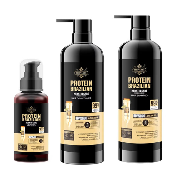 Hephaes Daily Brazilian Keratin Maintenance Trio bundle featuring full-size Shampoo (900ml), Conditioner (900ml), and Hair Serum. This 3-piece daily hair care kit is designed for frizz control, heat protection, and lightweight hydration to maintain smooth, shiny, and healthy hair between washes.