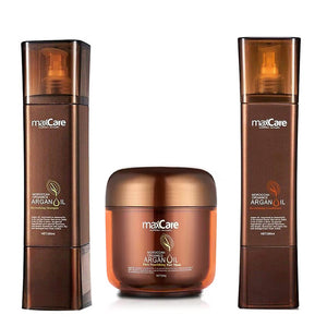 MaxCare Moroccan Organics Argan Oil Hair Care Bundle featuring a 260ml Revitalizing Shampoo, 260ml Revitalizing Conditioner, and 500g Hair Mask. The luxurious bundle is infused with pure Moroccan argan oil, offering sulfate-free, silicon-free, and paraben-free formulas designed to nourish, hydrate, and restore shine for all hair types. Ideal for dry and damaged hair, the bundle promotes smooth, soft, and healthy hair with professional results.