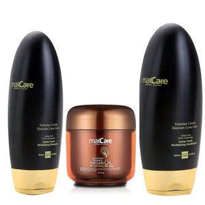 MaxCare Sulfate-Free Revitalizing Shampoo, Conditioner, and Moroccan Organics Argan Oil Hair Mask Bundle – 500ml Shampoo, 500ml Conditioner, 500g Hair Mask. Nourishing, sulfate-free, deep hydration for soft, shiny, and revitalized hair. Ideal for all hair types. Barcode: 8051414580369