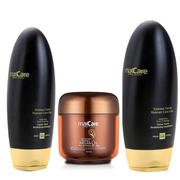 MaxCare Sulfate-Free Revitalizing Shampoo, Conditioner, and Moroccan Organics Argan Oil Hair Mask Bundle – 500ml Shampoo, 500ml Conditioner, 500g Hair Mask. Nourishing, sulfate-free, deep hydration for soft, shiny, and revitalized hair. Ideal for all hair types. Barcode: 8051414580369