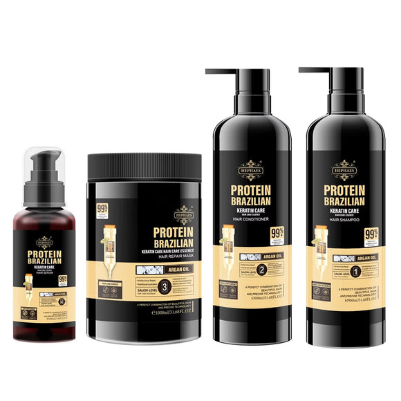 Hephaes Complete Brazilian Keratin Hair Care Ultimate Kit featuring full-size Shampoo (900ml), Conditioner (900ml), Hair Repair Mask (1000ml), and Hair Serum (100ml). This comprehensive 4-piece professional hair care system is designed for deep repair, intense hydration, frizz control, and daily protection for damaged or chemically-treated hair