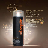 Bk Keraplex Plus Botox Keratin Treatment 1000ml professional salon bottle as shown in 'Keraplex Plus Botox white.jpg'. The premium white packaging showcases the heat-activated thermal re-construction formula enriched with silk protein and argan oil to eliminate stubborn frizz, reduce volume, and completely straighten hair, exclusively available at Harram Store. Barcode: 0100140834845