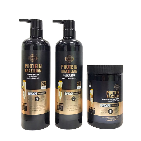 Hephaes Complete Brazilian Keratin Hair Care System bundle kit featuring full-size bottles of Shampoo (900ml), Conditioner (900ml), and Hair Repair Mask (1000ml). This professional 3-piece repair set is designed to cleanse, condition, and deeply treat damaged hair for ultimate frizz control, shine, and strength